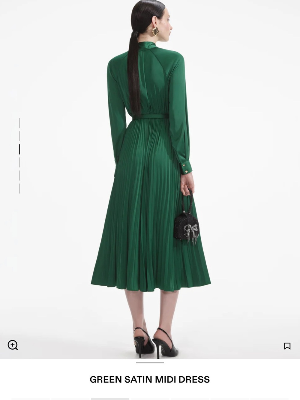 SELF-PORTRAIT Elegant Green Pleated Long-Sleeve Midi Dress with Tie Neck - Picture 5 of 7